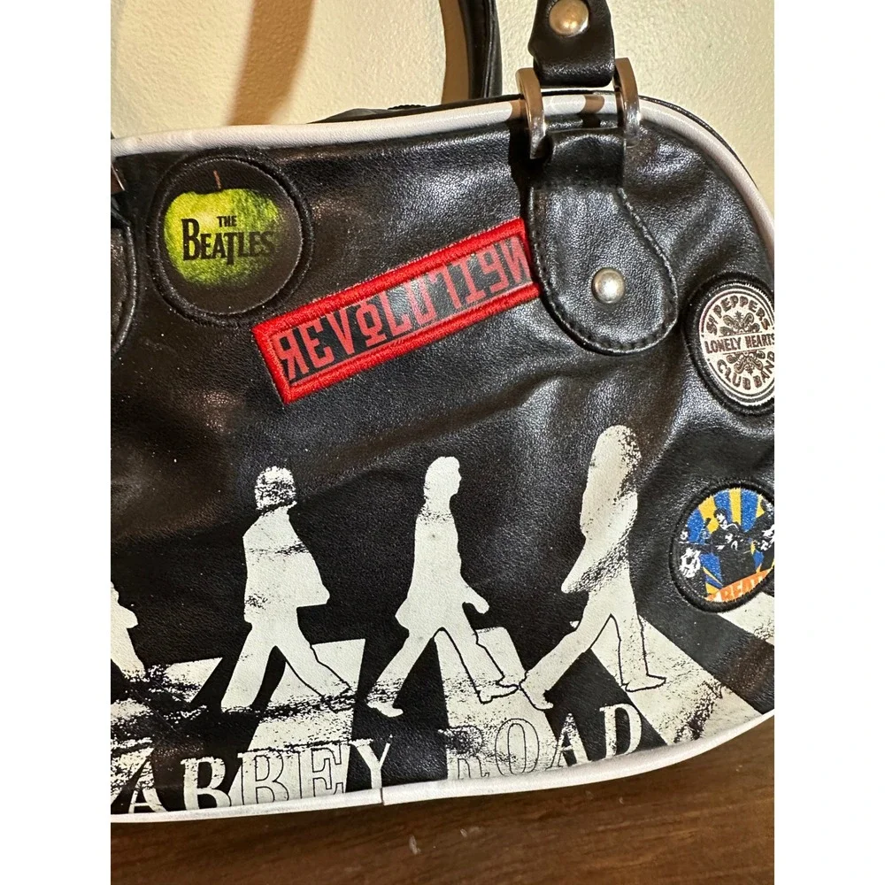 The Beatles Abbey Road Black Faux Leather Bowler Bag Satchel Rock Band Patches - Picture 3 of 11